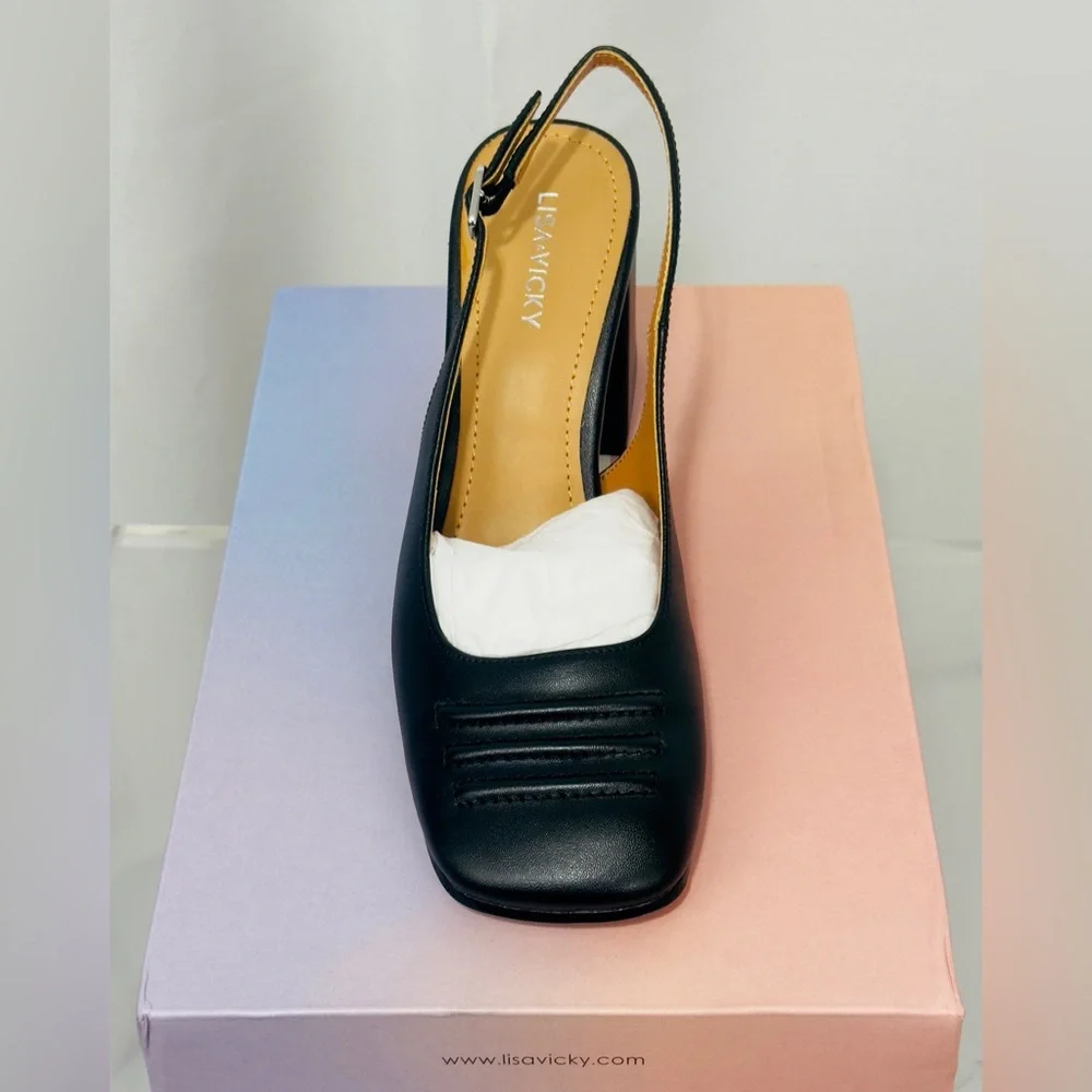 Lisa Vicky Black Chic Sturdy Closed Square Toe Slingback Block Heels US 8M. NWT - Picture 10 of 13